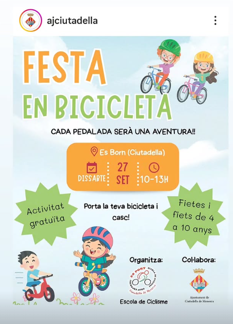 Ciutadella celebra la Festa en Bicicleta per a infants de 4 a 10 anys