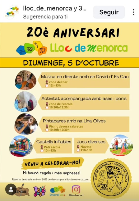 El Lloc de Menorca celebra el seu 20è aniversari amb un diumenge ple d’activitats familiars