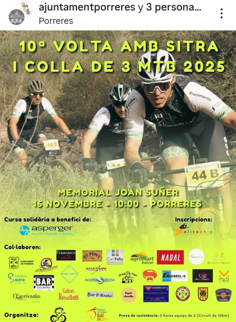 Porreres acollirà la 10a Volta amb Sitra i Colla de 3 MTB 2025, una cursa solidària a benefici d’Asperger Balears