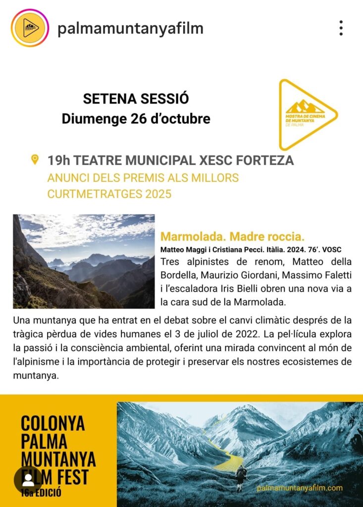 La Mostra de Cinema de Muntanya de Palma celebra la seva setena sessió amb el film “Marmolada. Madre roccia”