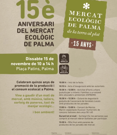 El Mercat Ecològic de Palma celebra el seu 15è aniversari amb activitats, tastos i música a la Plaça dels Patins