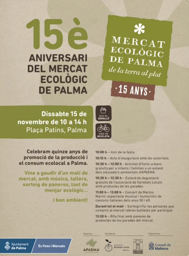 El Mercat Ecològic de Palma celebra el seu 15è aniversari amb activitats, tastos i música a la Plaça dels Patins