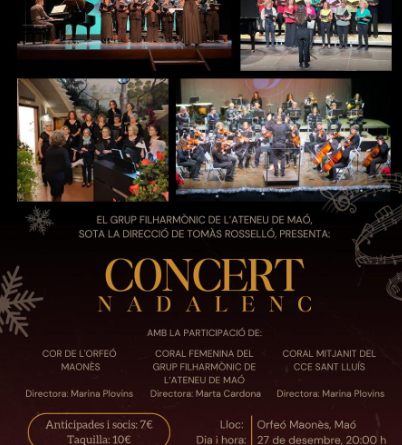 El Grup Filharmònic de l’Ateneu de Maó celebra el Nadal amb un gran concert coral i simfònic a l’Orfeó Maonès