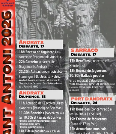 Andratx, s’Arracó i Port d’Andratx celebren Sant Antoni 2026 amb foguerons, beneïdes i música popular