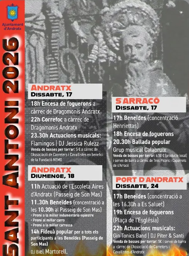 Andratx, s’Arracó i Port d’Andratx celebren Sant Antoni 2026 amb foguerons, beneïdes i música popular
