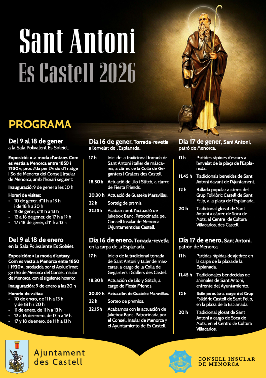 Es Castell celebra Sant Antoni 2026 amb foguerons, cultura popular i una àmplia programació festiva