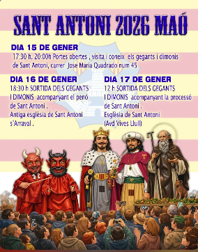 Maó celebra Sant Antoni 2026 amb gegants, dimonis i actes populars al centre de la ciutat