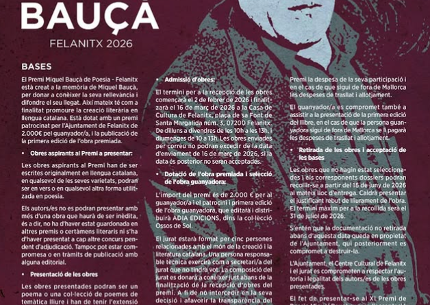Felanitx convoca l’XI Premi de Poesia Miquel Bauçà 2026