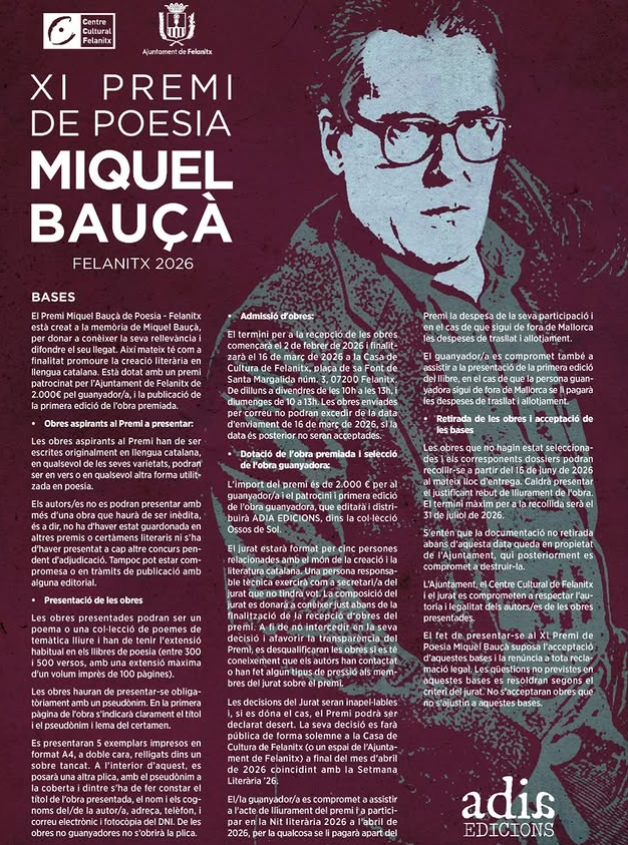 Felanitx convoca l’XI Premi de Poesia Miquel Bauçà 2026