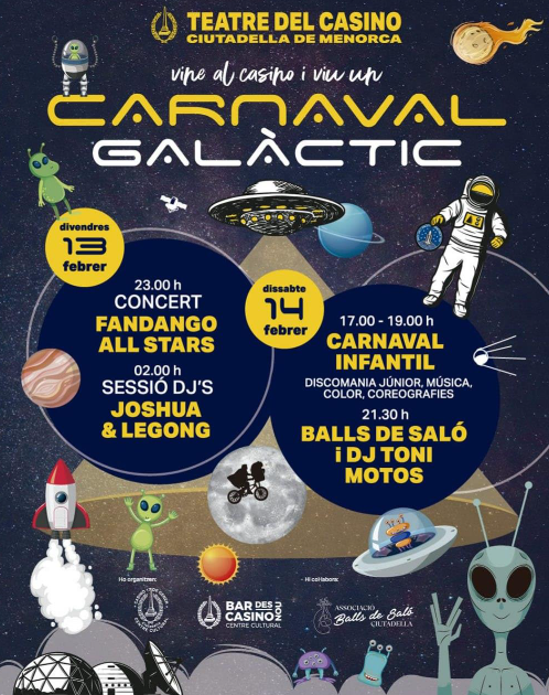 El Teatre del Casino de Ciutadella celebra un Carnaval Galàctic amb concerts, disfresses i balls de saló