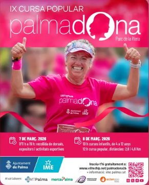 IX Cursa Popular Palmadona 2026 La cursa que omple Palma de rosa torna amb una nova edició al Parc de la Riera, amb proves per a totes les edats i distàncies. Palma, 8 de març de 2026. La IX Cursa Popular Palmadona arriba un any més al Parc de la Riera per convertir la ciutat en un espai de reivindicació, esport i participació. Una cita consolidada al calendari esportiu que combina activitat física i compromís social en un ambient festiu i obert a tothom. La jornada principal se celebrarà el diumenge 8 de març, amb curses populars de 2,8 km i 4,8 km, pensades per adaptar-se a diferents nivells. A més, també hi haurà curses infantils per a nins i nines de 4 a 12 anys, fomentant la participació des de les primeres edats. El dissabte 7 de març, de 11.00 a 19.00 h, es farà la recollida de dorsals, així com activitats esportives i lúdiques complementàries per escalfar motors abans del gran dia. Organitzada per l’Ajuntament de Palma i l’IME, la Palmadona s’ha convertit en una de les cites més multitudinàries del mes de març, amb un marcat caràcter participatiu i inclusiu. FITXA SORTIM 📍 Lloc: Parc de la Riera, Palma 📅 Dates: – 7 de març de 2026: Recollida de dorsals (11.00 – 19.00 h) – 8 de març de 2026: Dia de la cursa ⏰ Horari diumenge: 10.00 h (curses infantils i populars) 🏃 Distàncies: 2,8 km i 4,8 km 👧 Curses infantils: De 4 a 12 anys 🎟 Inscripcions: ime.palma.cat / elitechip.net 🏛 Organitza: Ajuntament de Palma – IME