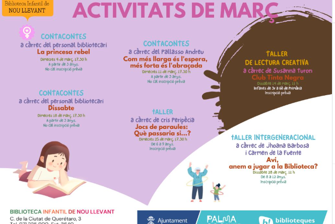 La Biblioteca Infantil de Nou Llevant omple març d’activitats per als més petits Contacontes, tallers creatius i propostes intergeneracionals per fomentar la lectura i la imaginació. Palma, març de 2026. La Biblioteca Infantil de Nou Llevant presenta una programació variada per aquest mes de març amb activitats pensades per estimular la lectura, la creativitat i la participació familiar. El cicle inclou diverses sessions de contacontes a càrrec del personal bibliotecari, com La princesa i el pèsol el dimecres 4 de març a les 17.30 h i Sabates el dimecres 18 de març a la mateixa hora, totes dues adreçades a infants a partir de 3 anys i sense necessitat d’inscripció prèvia. També destaca la sessió especial amb la pallassa Andreu, Com més llarga és l’espera, més llarg és l’abraçada, el dimecres 11 de març a les 17.30 h, així com el taller Jocs de paraules: Què passaria si...?, a càrrec de Cris Perpiñá, el dimecres 25 de març a les 17.30 h, amb inscripció prèvia i adreçat a infants de 6 a 9 anys. La programació es completa amb el taller de lectura creativa Club Tinta Negra, el dissabte 14 de març a les 11 h, per a infants de 3r a 6è de Primària, i amb una proposta intergeneracional molt especial: Avi, anem a jugar a la biblioteca?, el dissabte 28 de març a les 11 h, pensada per compartir lectura i joc entre diferents generacions. Una agenda cultural que converteix la biblioteca en un espai viu, creatiu i obert a les famílies del barri. 📚 FITXA SORTIM 📍 Espai: Biblioteca Infantil de Nou Llevant 📌 Lloc: Palma · Mallorca 📅 Dates: Març de 2026 👧👦 Públic: Infantil i familiar 🎟 Accés: Activitats gratuïtes (algunes amb inscripció prèvia) 📞 Contacte: 971 225 900 · Ext. 3640