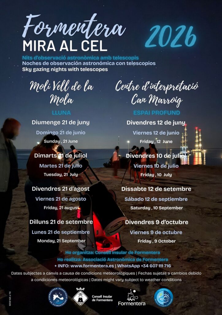 Formentera torna a mirar al cel amb noves nits d’observació astronòmica El programa “Formentera Mira al Cel” ofereix diverses sessions gratuïtes d’observació amb telescopis entre juny i octubre en dos espais privilegiats de l’illa. Formentera, juny de 2026. El Consell Insular de Formentera, amb la col·laboració de l’Associació Astronòmica de Formentera, impulsa una nova edició de “Formentera Mira al Cel”, un cicle de nits d’observació astronòmica que permet descobrir els secrets del firmament des d’alguns dels indrets més espectaculars de l’illa. Les activitats es desenvoluparan al Molí Vell de la Mola, amb sessions dedicades a l’observació de la Lluna, i al Centre d’Interpretació de Can Marroig, on les observacions estaran centrades en l’espai profund. Totes les sessions comptaran amb telescopis i explicacions per apropar l’astronomia a residents i visitants. La iniciativa aprofita la baixa contaminació lumínica de Formentera, convertida en un dels millors llocs del Mediterrani per contemplar el cel nocturn. FITXA SORTIM 📍 Llocs: Molí Vell de la Mola i Centre d’Interpretació de Can Marroig 📅 Dates: Can Marroig: 12 de juny, 10 de juliol, 12 de setembre i 9 d’octubre Molí Vell de la Mola: 21 de juny, 21 de juliol, 21 d’agost i 21 de setembre 🔭 Activitat: Observació astronòmica amb telescopis 💶 Preu: Activitat gratuïta 📞 Informació: WhatsApp +34 607 111 716 ℹ️ Més informació: Organitza el Consell Insular de Formentera i realitza l’Associació Astronòmica de Formentera. Les dates poden variar segons les condicions meteorològiques.
