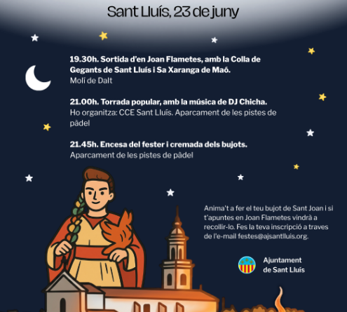 Sant Lluís encendrà la nit de Sant Joan amb gegants, torrada popular i la tradicional crema de bujots